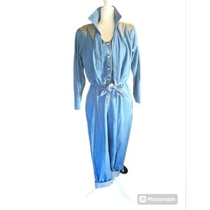 Vintage 80s strong shoulder one piece denim bling jumpsuit sz 10 light wash
